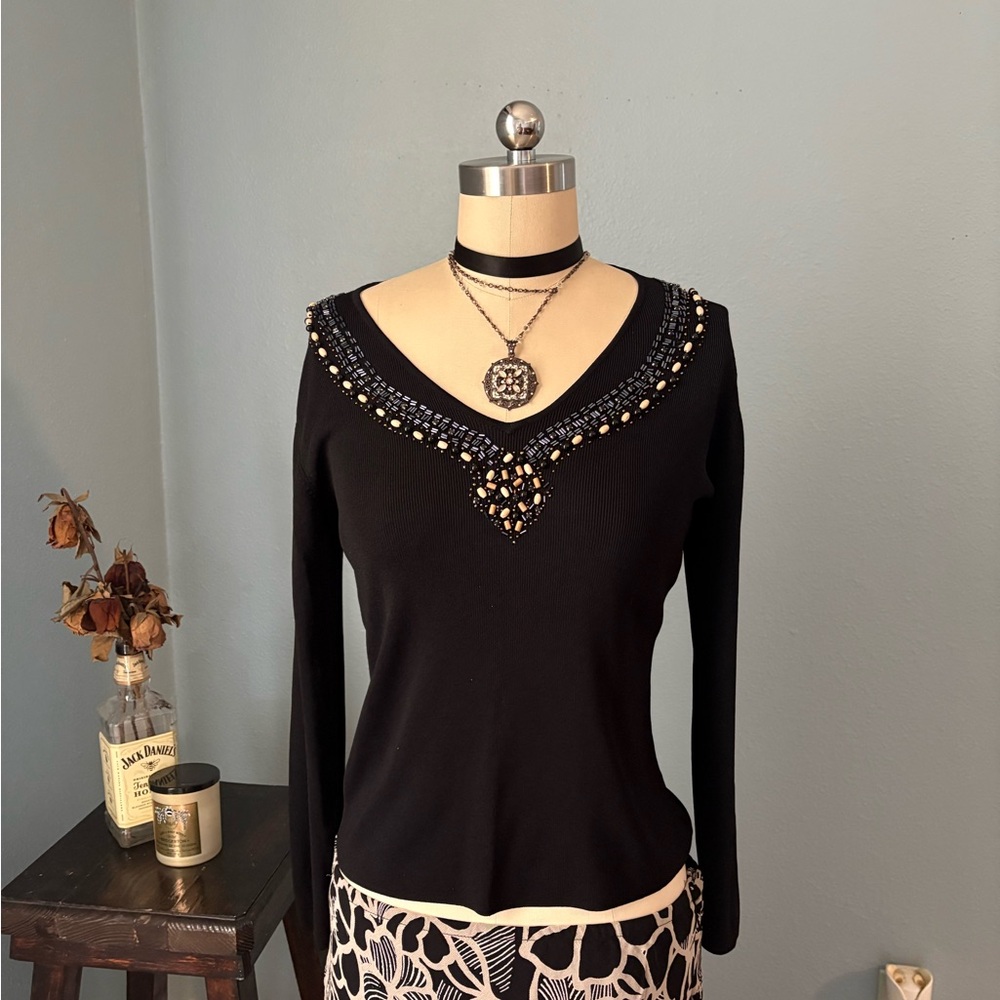Black Embellished V-Neck Long-Sleeve Top